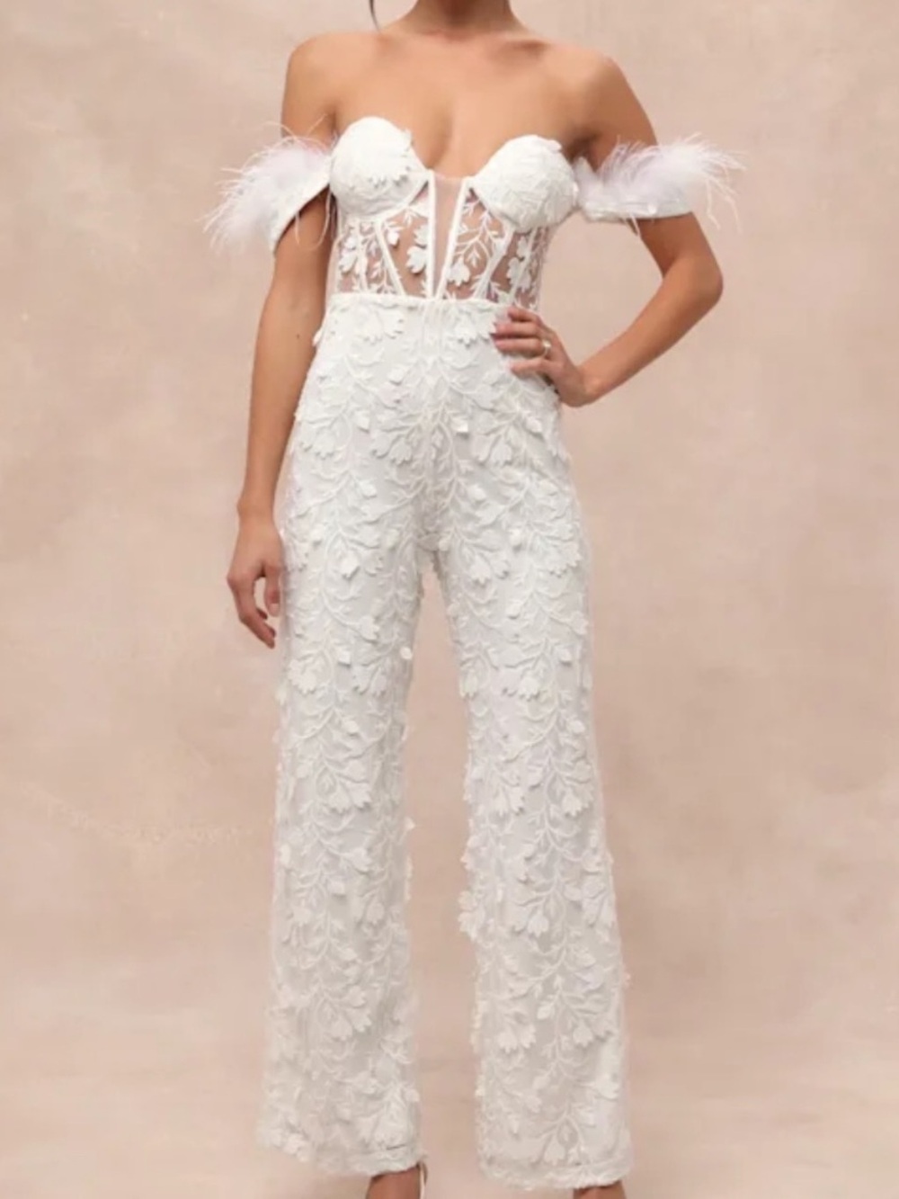 Lulus White Off Shoulder Appliqué Jumpsuit